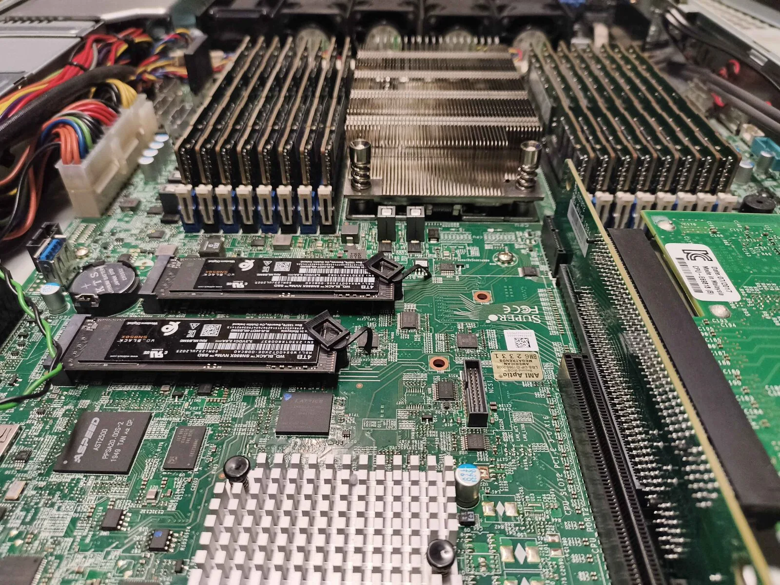 NVMe SSDs installed on a Supermicro server board