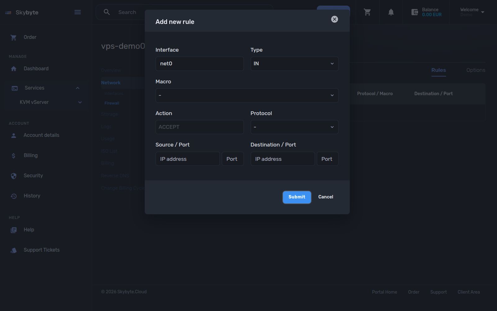 Control panel firewall dialog for adding a rule with type, action, protocol, and ports