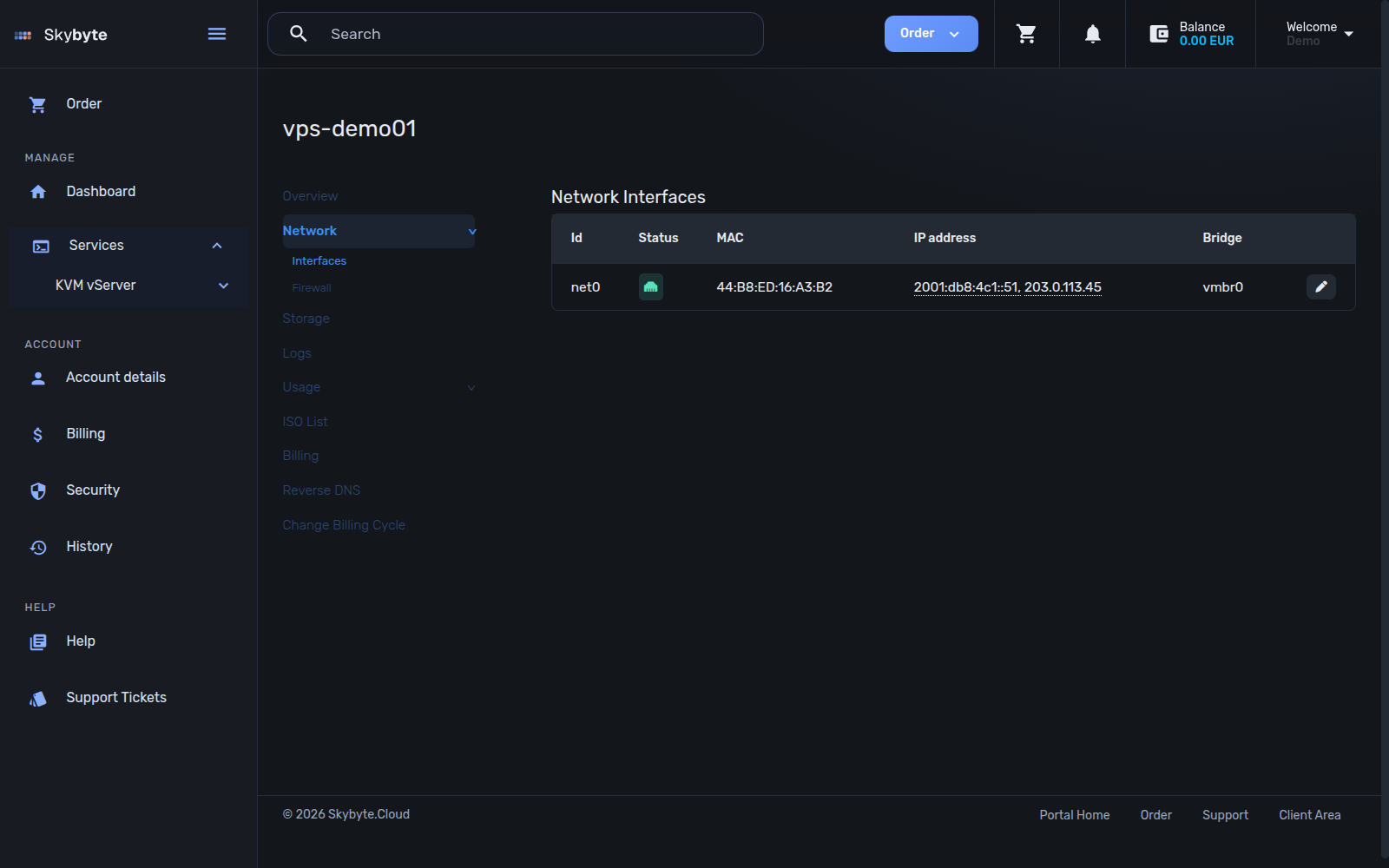 Control panel network page listing the interface, MAC address, and IP addresses